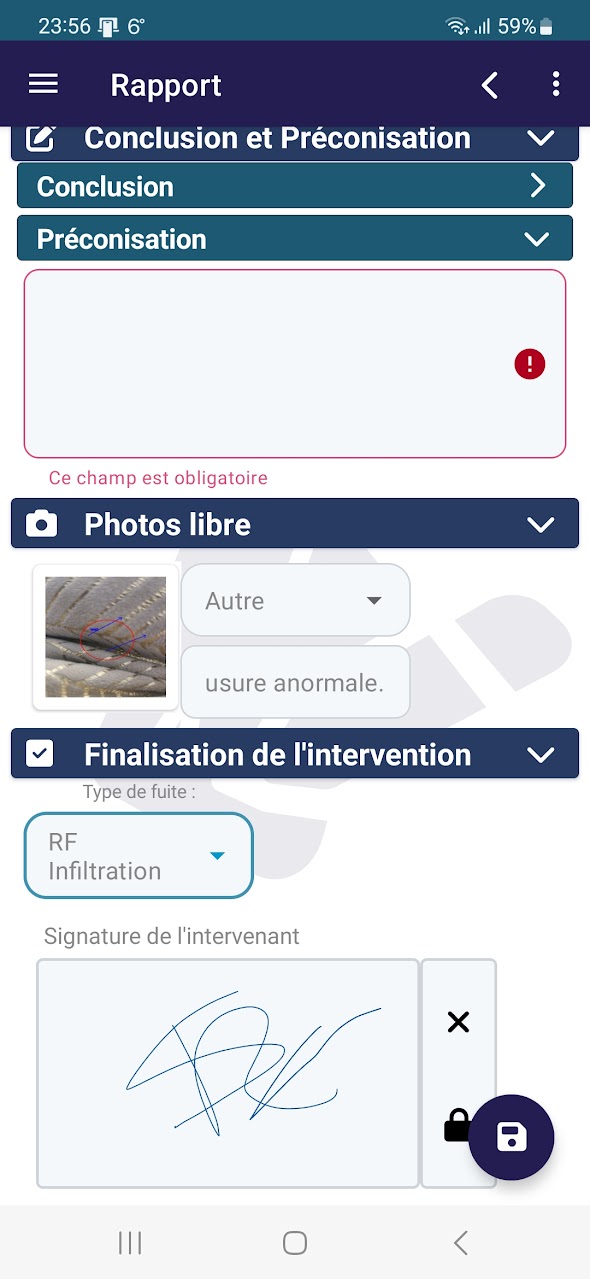 Signature électronique de l'intervenant sur un rapport dans l'application mobile Oskala