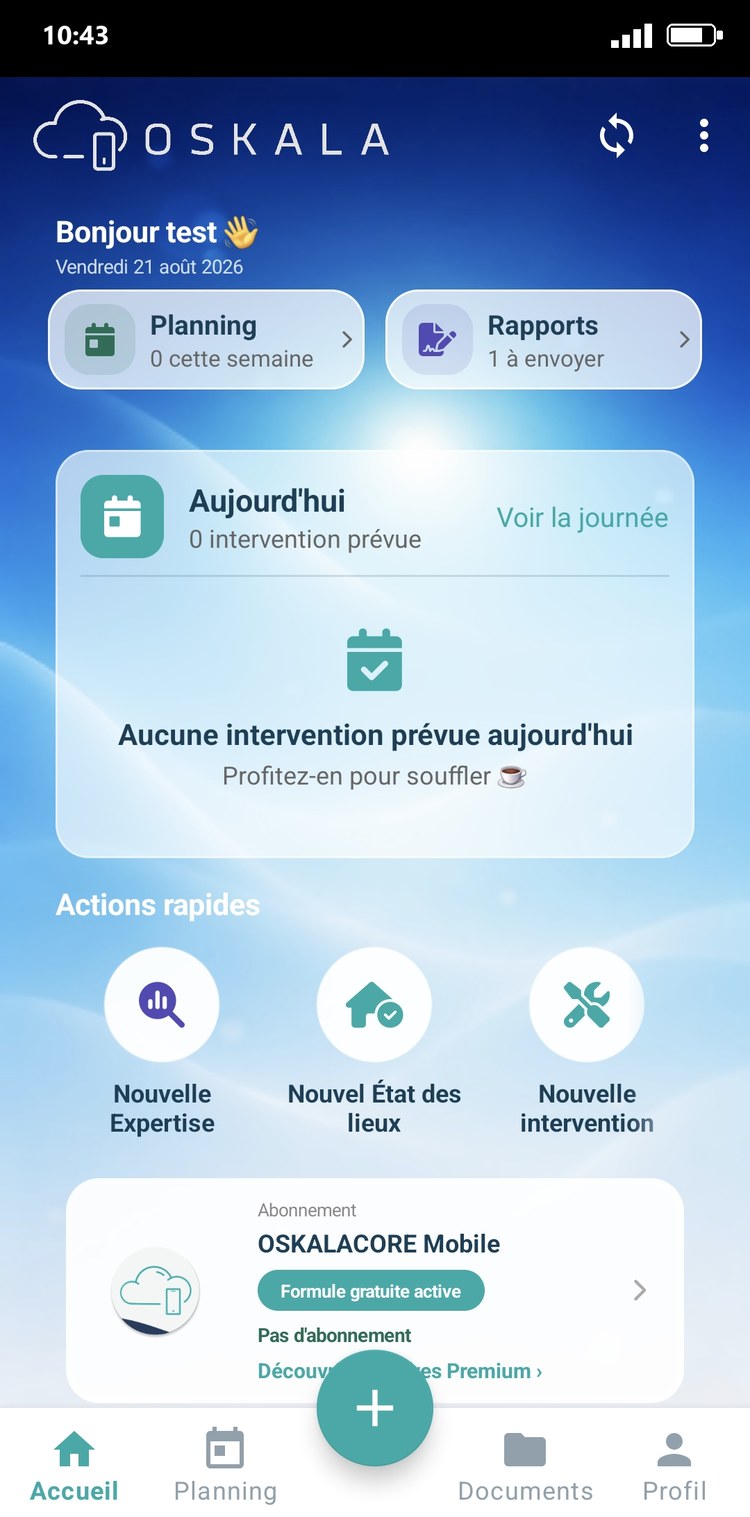 Application mobile Oskala - Écran d'accueil